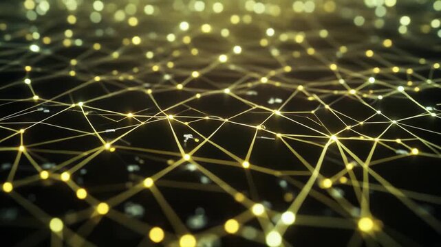 Digital network representing technology, connectivity, big data, and communication, with glowing gold lines linking numerous points and abstract numerical information