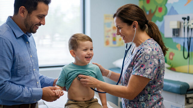 smiling nurse examines happy boy with stethoscope in pediatric clinic while hispanic father watches. child healthcare checkup. medical exam. banner, website header.
