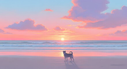 Dog on Pastel Beach Sunset - Dreamy Digital Art