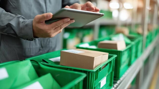 Worker sorting mail into bins while referencing a tablet emphasizing the combined workflow of tangible letters and realtime digital tracking data.