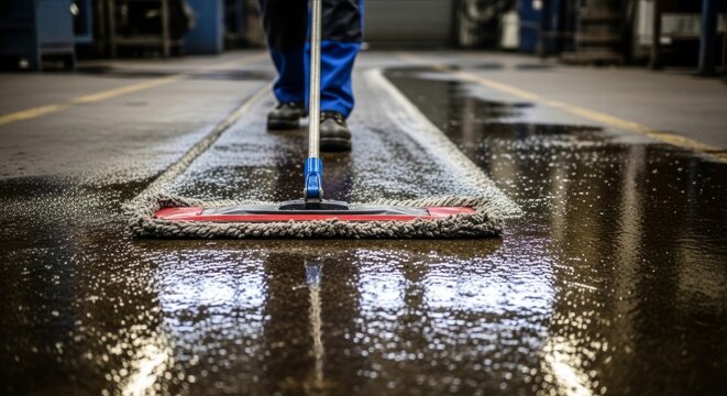 Worker Cleaning Floor with Mop in Industrial Warehouse Setting