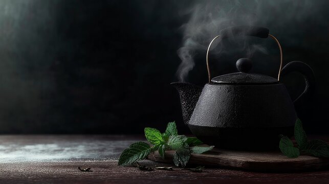 teapot and green tea on a dark background