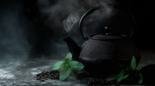 teapot and green tea on a dark background