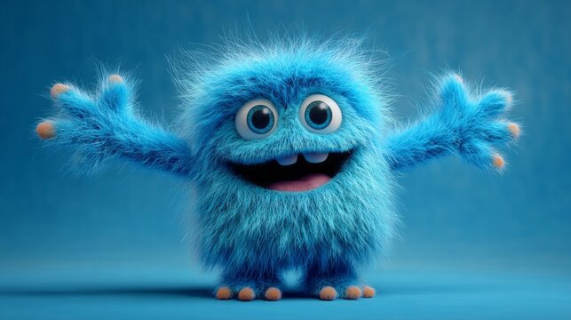 Cute blue color furry monster 3D cartoon character