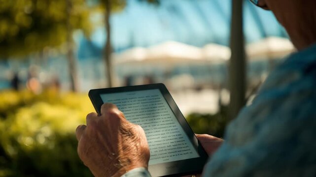 Closeup of a person adjusting ereader screen settings for better resolution under bright sunlight to enhance outdoor reading clarity.