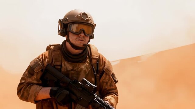 Armed soldier walking through dense orange smoke in desert environment. Tracking shot of infantryman in full tactical gear.