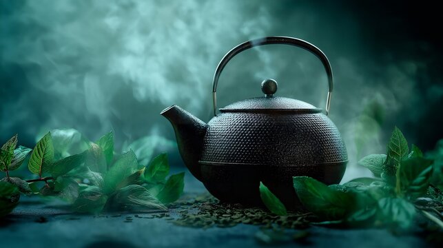teapot and green tea on a dark background