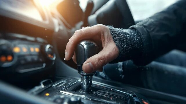 Medium shot of a car owner activating a transmission reheater on a cold day ensuring smooth gear shifts and protecting the drivetrain from early morning strain.