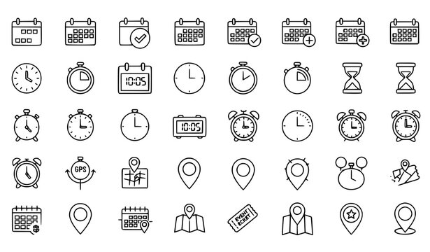 Date, Time, and Location Thin Line Vector Icons
