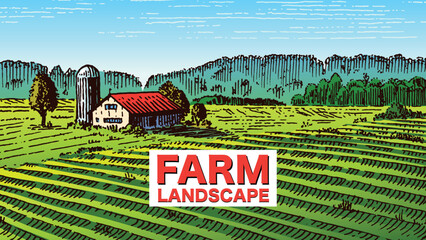 Rustic meadow hand drawn village landscape illustration with fields. Beautiful scentic view for milk, cheese farm products. Eco food. © artbalitskiy