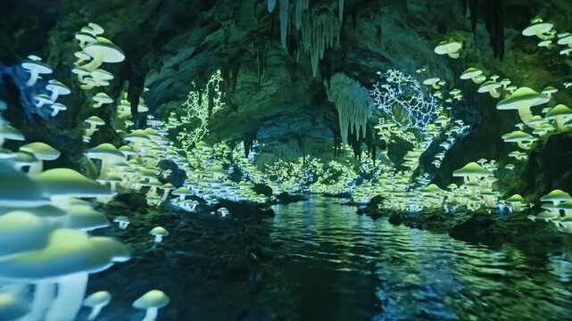 Bioluminescent Fungi Illuminate Subterranean Cavern River