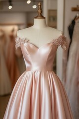 Bridesmaid dress on a mannequin in a bridal shop showcasing peach pink satin fabric and floral details