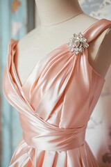Peach pink satin bridesmaid dress on mannequin with decorative brooch displayed in wedding boutique