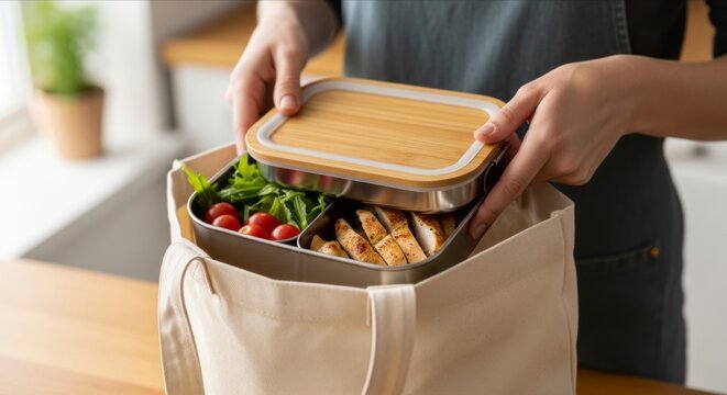 Preparing a Healthy Meal Kit in a Reusable Eco-Friendly Bag