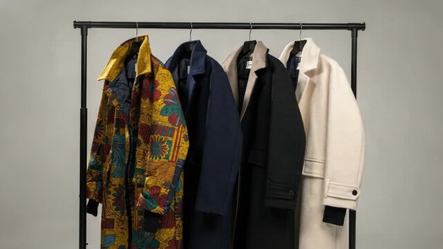 Medium shot of reversible coats on a rack featuring vibrant prints contrasted with solid colors highlighting versatile outerwear options for stylish seasonal layering.