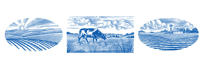 Rustic meadow hand drawn village landscapes illustrations with fields, house, cow oak and windmill. Beautiful rural scentic farm view for milk, cheese farm products. Eco natural food engraving. © artbalitskiy