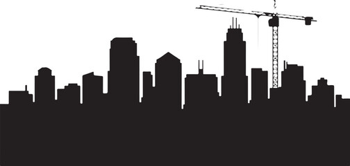 Black and white city skyline with construction crane silhouette 1
