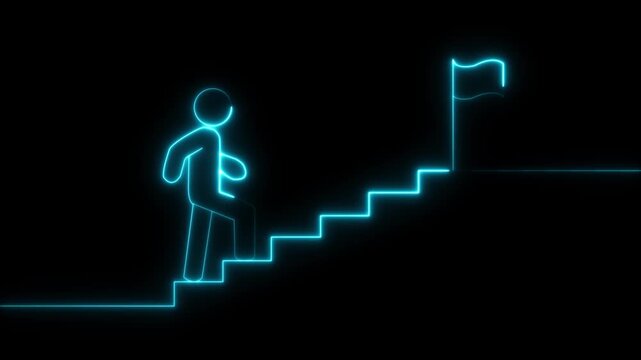 4K neon animation of a person climbing stairs with glowing neon lines on black background. Represents success, career growth, personal development, challenges, and achievement