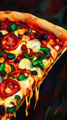 Creative pop art design featuring a vibrant slice of pizza with toppings in a bold style