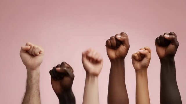 Diverse hands raised in solidarity against pink background