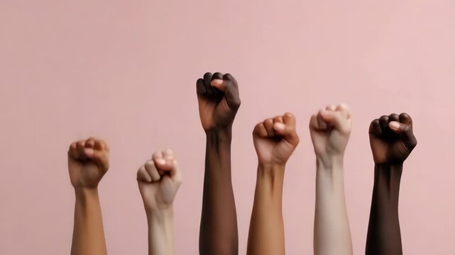 Diverse raised fists against pink background symbolizing unity and strength