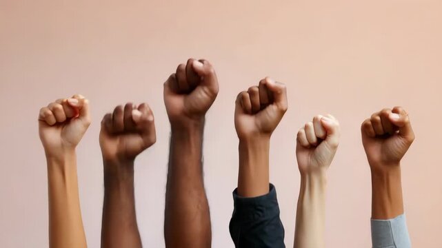 Diverse raised fists against peach background: unity and strength