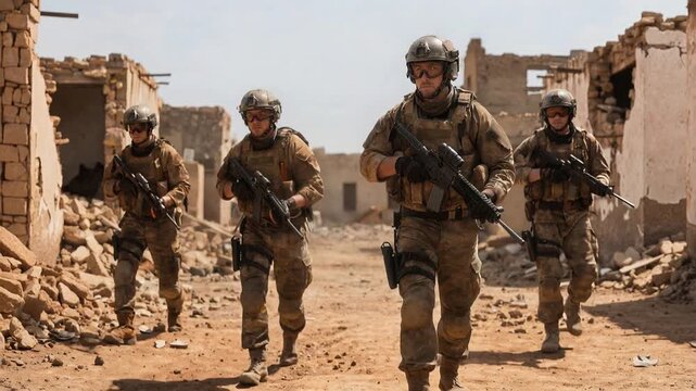Armed infantrymen patrolling ruined city street during daytime. Group of soldiers in full tactical gear walking through destroyed urban environment. Tracking shot.