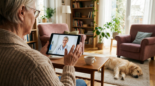 Senior woman consulting doctor via video call on digital tablet at home