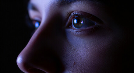 Close-up of woman's eye with futuristic digital reflection