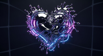 Vibrant metallic heart with neon glow on dark background