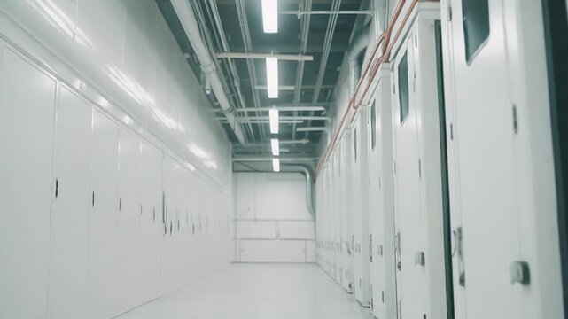 Industrial corridor features a row of white closed doors and a highly reflective floor creating a sterile environment, suitable for data processing or scientific research facilities
