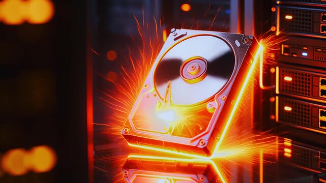 Radical growth in demand and prices for storage devices, an HDD spins up, sparks, and annihilates in a flash of light and matter, a futuristic visualization of industry demand for solid-state memory