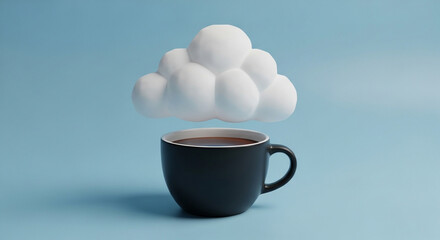 Cloud floats above modern coffee cup on blue background
