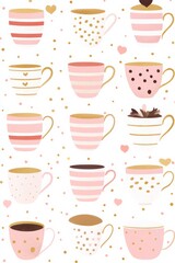 Enjoying tea time with pastel pink tea cups featuring various patterns and designs in a cozy kitchen setting