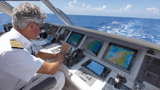 Medium shot of a maritime vessel officer using satellite paging systems to maintain communication across open seas under clear skies.
