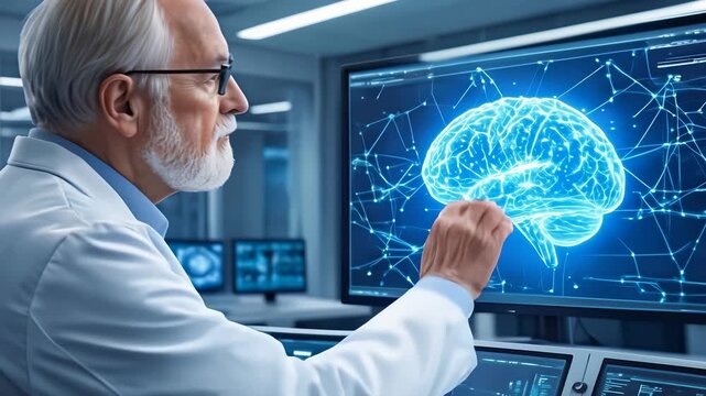 Scientist analyzing digital brain scan in high-tech medical laboratory. Panning shot of neurologist working with neural network visualization.