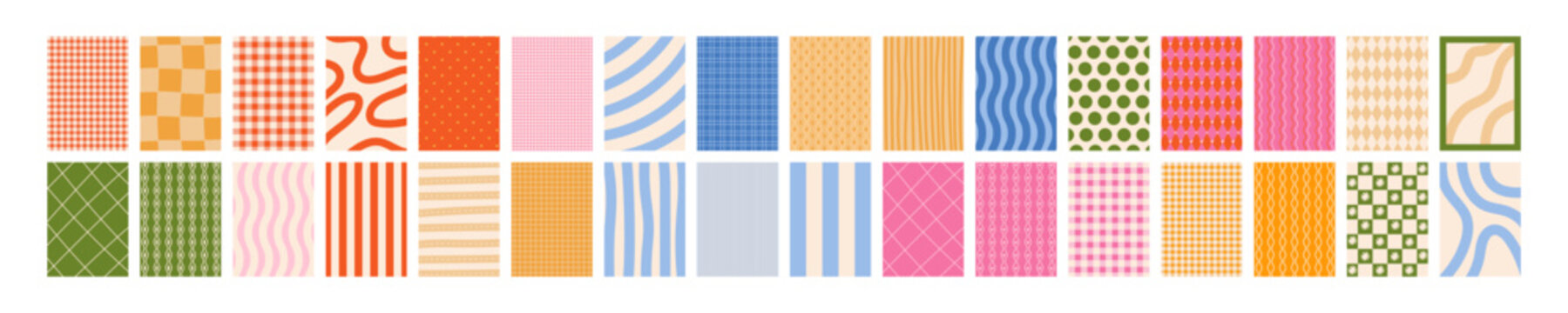 Abstract hand drawn backgrounds and patterns big set in modern retro style. Flat vector minimalist collection with stripes, dots, checks, and wavy lines for cover, poster, creative web design