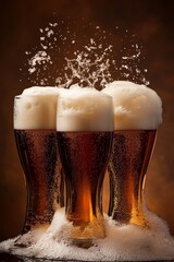 Three glasses of beer with foam splash in a surreal setting during a casual gathering at night