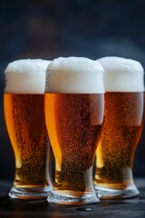 Strong beer served in three glasses with rich foam on a wooden table in a casual bar setting at night