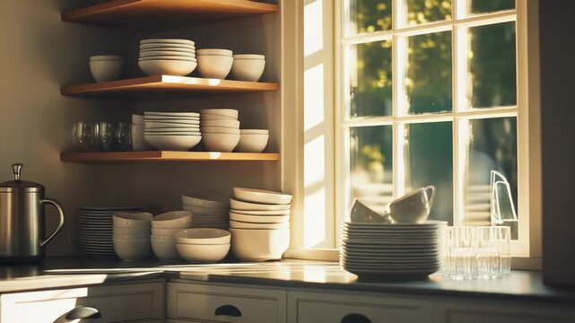 Clean white plates and cups neatly stacked on a kitchen counter by a sunny window, warm morning light casting soft shadows for a calm, inviting domestic still life