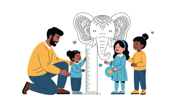 Father smiling while measuring the height of his three children against a wall chart shaped like an elephant's head.