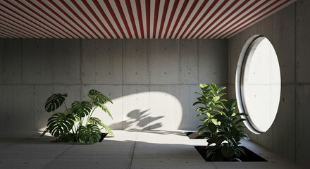 Modern interior with green plants in concrete room with round window