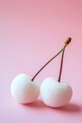 Two frozen cherries on pastel pink background create a fun and refreshing fruit concept for creative uses in design