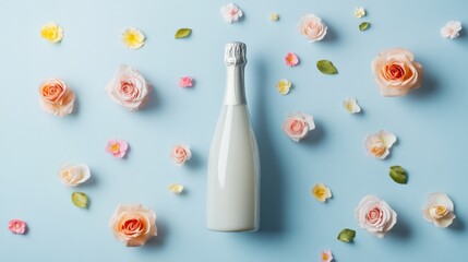Celebrate spring with champagne and colorful roses on a pastel blue surface for a fresh party look