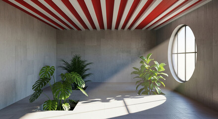 Modern indoor garden with lush green plants in minimalist room