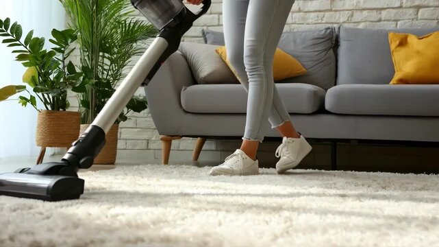 Medium shot of a person vacuuming a living room carpet with an advanced vacuum designed to reduce dander and allergens effectively.