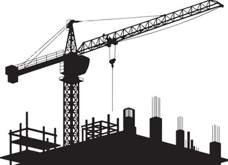 Black and white crane on construction site with buildings