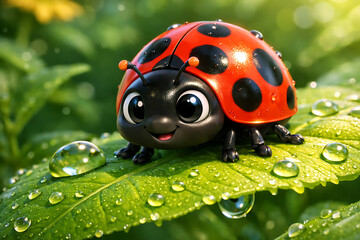 Obraz premium Cute ladybug character on a green leaf with fresh water drops 3D animation style