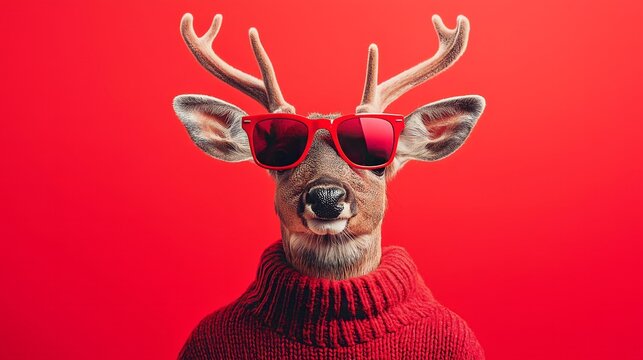 Funny reindeer in sunglasses wearing a red sweater on a red background