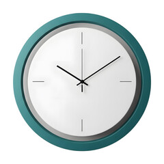 Modern wall clock with minimal design, round shape, and teal border isolated on a transparent background